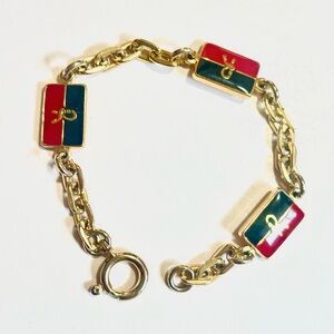 Roberta di Camerino Italy Gold Chain Bracelet with Red and Green Enamel Plaques